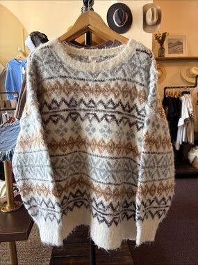 a.n.a Cream Fair Isle Crewneck Sweater with Brown and Gray Accents